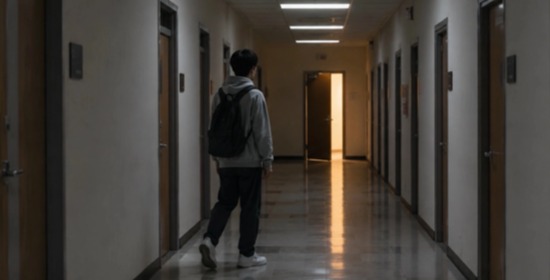 背着背包的美国留学生独自走在昏暗的美国校园走廊，望向尽头透出光亮的房门