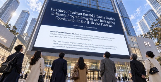 Crowd watches billboard with H‑1B visa policy document
