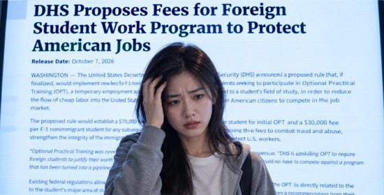 Young worried female international student touching her head in front of screen showing DHS proposed OPT fee rule for F-1 foreign student work program, US immigration policy news